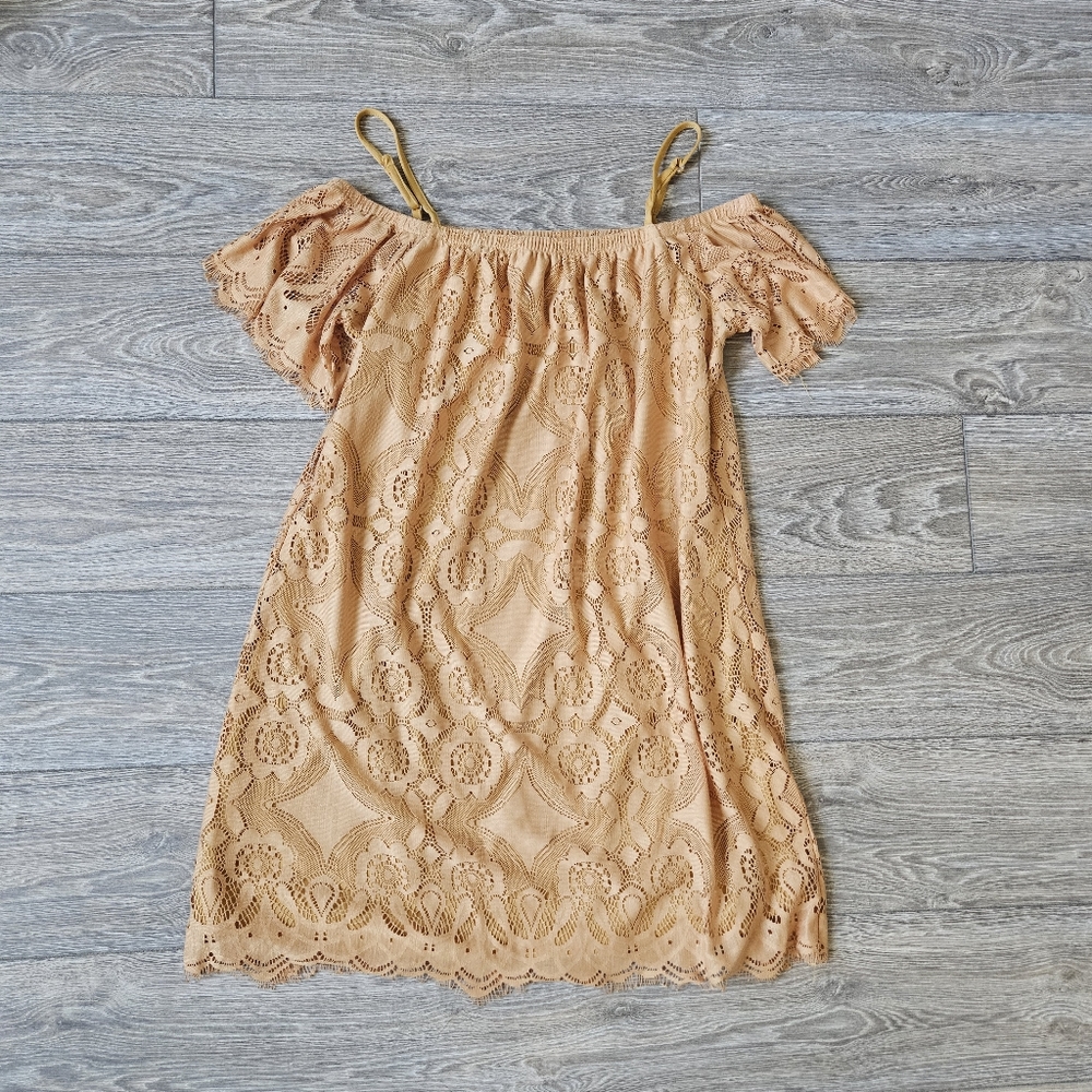 🔥4/$20 Ultra Flirt Mustard Yellow Lace Overlay Cold Shoulder Mini Shift Dress